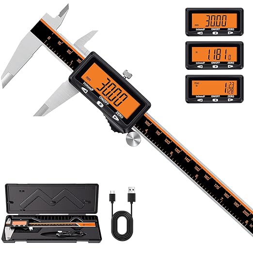 HARDELL Calipers 8", Rechargeable Digital Caliper with Large Orange Screen (Non-Backlit), Stainless Steel Auto-Off Micrometer, Inch/mm/Fraction for DIY/Household/3D Printing