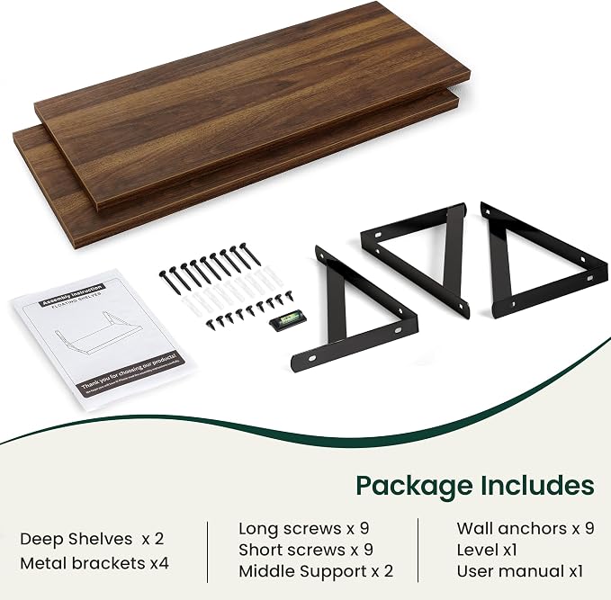 Floating Shelves 12 Inch Deep, 36W x 12D Wall Shelf Set of 2, 60 lbs Heavy Duty Reversible Metal Brackets, Deep Industrial Book Shelf for Living Room Kitchen Bath Bedroom Coffee Bar, Walnut