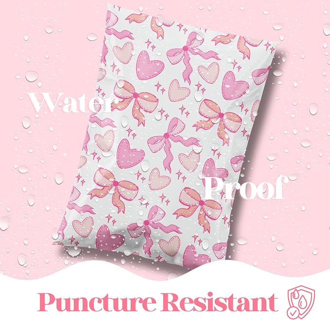 Pretty Package Store 14.5x19 Designer Poly Mailer 100 Pack Heavy Duty Waterproof Self Seal Shipping Bags for Small Business Large Mailing Envelopes Bulk Tear Resistant Packaging Coquette Bows Hearts