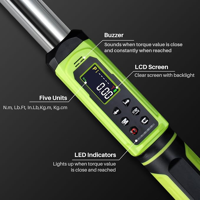 1/2" Digital Torque Wrench Set-3.8-250.8Ft.Lb for Car Auto Trucks | Electric Torque Wrench 1/2 Drive, Vibration Buzzer LED Indicator,±2% Accuracy Five Units for DIYers RV Owners Farmers