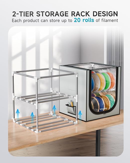 YOOPAI 3D Printer Filament Storage Box – 2 Tier Filament Storage Rack with Fabric Cover, Holds Up to 48 Rolls 1KG – 3D Filament Storage Organizer for Home, Workshop & Studio(20 Roll*2)