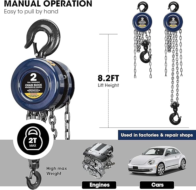 Big RED ATR9020UR Manual Hand Lift Steel Chain Block Hoist with 2 Heavy Duty Hooks, 2 Ton (4,000 lb), 8ft/2.5m Blue