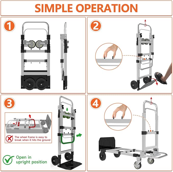 3 in 1 Heavy Duty Folding Hand Truck, Convertible Portable Steel Dolly with Telescopic Handle, Foldable Utility Cart with Rubber Wheels, 500 LBS