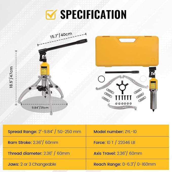 Hydraulic Gear Puller 10 Ton 2 or 3 Jaws Hub Puller 9.84" Spread Hydraulic Puller Set Wheel Bearing Pulling Separator Hydraulic Puller Tool Kit with Case for CV Shaft Axle Rotors