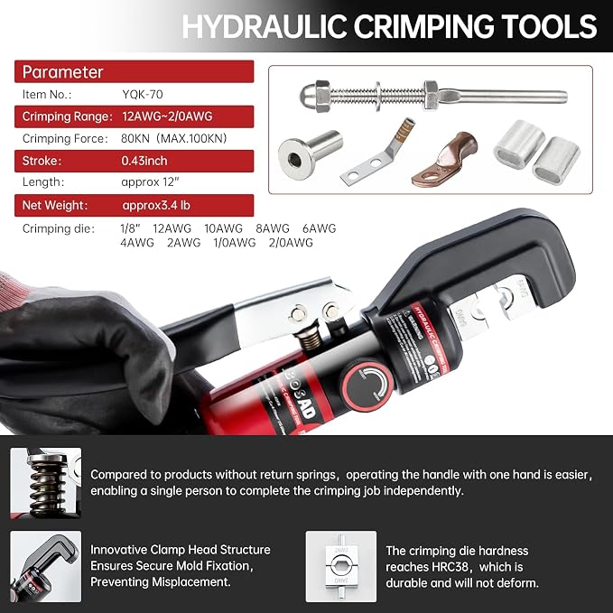 Hydraulic Crimping Tool with 9 Dies - Battery Cable Crimper Tool & Wire Rope Crimping Tool with 12 to 2/0 AWG for cable lug, 1/16" 1/8" 3/16" for Stainless Steel Cable Railing Tool