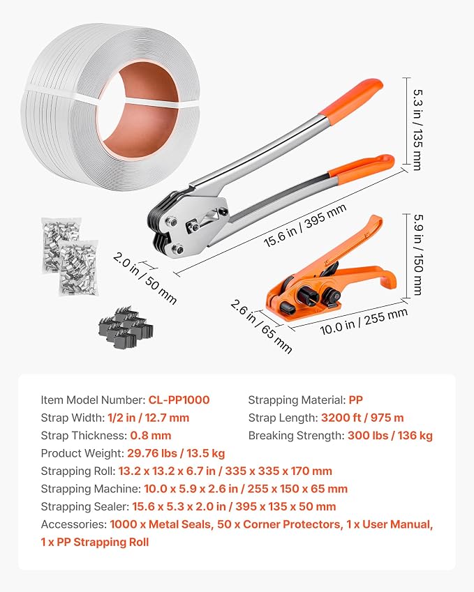 VEVOR Banding Strapping Kit, Heavy Duty Banding Sealer Tool with 3200 ft Length PP Band, 1000 Metal Seals, 50 Corner Protectors, Plastic Pallet Packaging Strapping Kit for Warehouse/Shipping/Moving