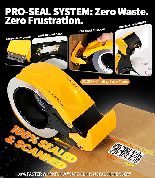 Heavy Duty Packing Tape with Dispenser, Strong HD Clear Packaging Tape, 1.88 in. x 60 yd. x 2.7MiL, Secure Sealing for Cardboard Moving Boxes Shipping Supplies (12-Pack Refill)