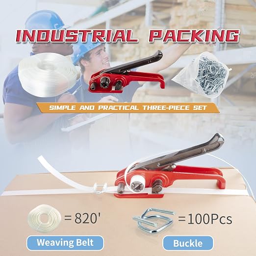 Heavy Duty Pallet Strapping Tools Kit for 1/2"~3/4" Strap,100 pcs Strapping Buckles and 3/4" x 820' Woven Cord Strapping Roll,2000 lbs Break Strength