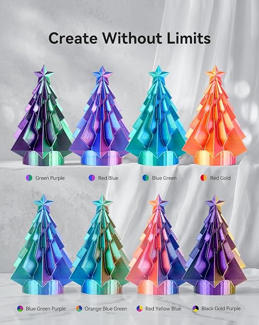 250g Silk Triple Color PLA Filament 1.75mm Bundle, SUNLU 3D Printer Filament, Coextruded Shiny PLA, Vacuum Packed, 4 Rolls, BlackGoldPurple+RedYellowBlue+OrangeBlueGreen+BlueGreenPurple