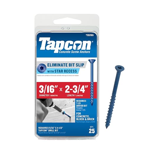 Tapcon 3/16 x 2-3/4 Inch Blue Climaseal® Star Head Concrete Anchors, 25 PCS, Corrosion Resistant Coating, Heavy-Duty Concrete and Masonry Screws, Superior Holding Strength, Drill Bit Sold Separately
