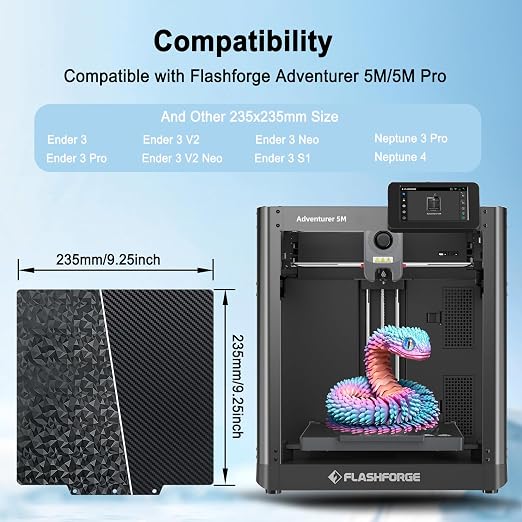 PEO+PET Build Plate for Adventurer AD5X/5M/5M Pro, Smooth Diamond+Carbon Fiber Spring Steel Flexible Platform for Neptune 3 Pro/4, Kobra, Ender 3/3 Pro/3S1/3 v2, CR 20/CR 20 Pro, Ender 5/5 Pro