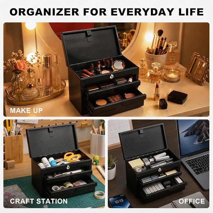 BIG RED Mini Steel Tool Box with Drawer, Small Metal Tool Box Organizer | Lockable Top Storage, Multi-Purpose Portable Tool Box Organize for Desk, Home, Garage, desk or Workbench, Black