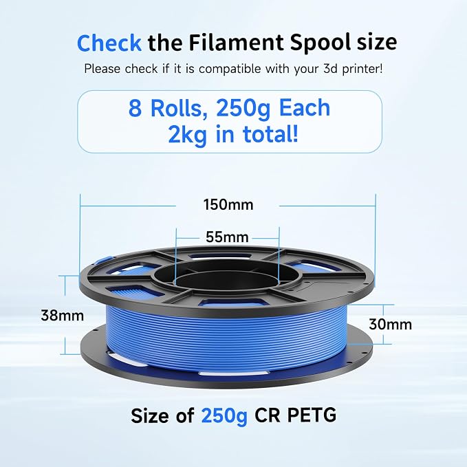 CREALITY 250g PETG Filament Bundle, 8 Colors Total 2kg, 1.75mm 3D Printer PETG Filament, Perfect for Small Project and Children Creation, Black+White+Grey+Tansparent+Red+Blue+Green+Orange