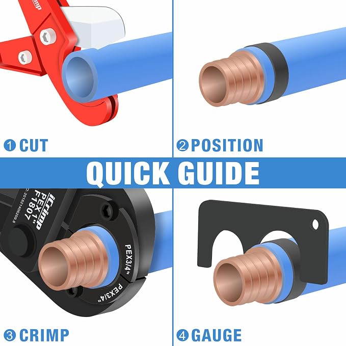 iCrimp F1807 PEX Crimper, Copper Pipe Crimping Tool Kit with 3/8'', 1/2'', 3/4'', 1'' Quick Change Jaws, PEX Tubing Cutter, Go/No-Go Gauge, Copper Ring PEX Removal Tool Included