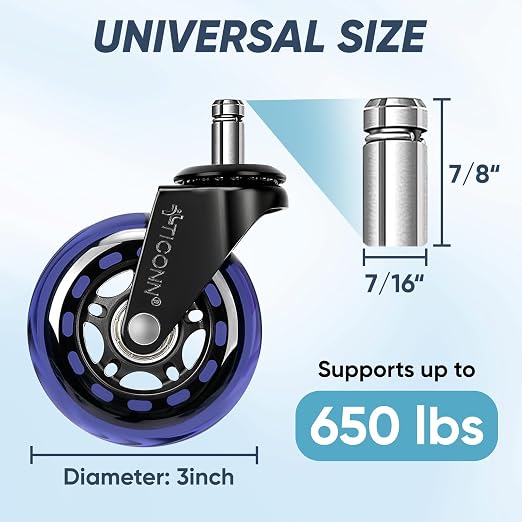 TICONN Office Chair Caster Wheels Set of 5 for Tile, Hardwood Floors and Carpets, Universal Fit for Most Chairs (Purple)