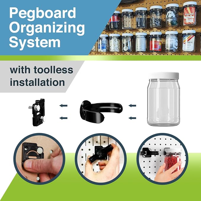 Pegboard Containers, Wall Organizer System, 16oz Clear Plastic Jar with Lid, 2-Pack, Secure and Modular for Home, Office, Craft, Garage, Storage and Organization.