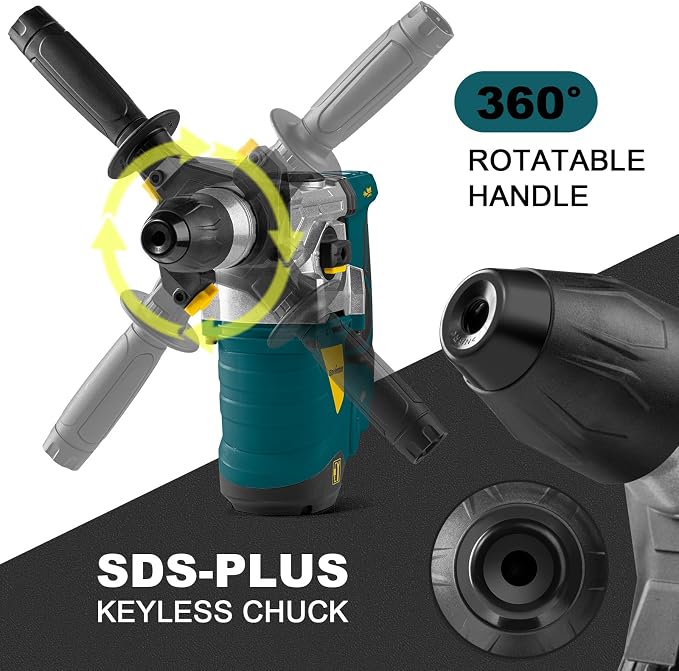 Enventor 1-1/4 Inch SDS-Plus 13A Rotary Hammer Drill for Concrete Stone | Heavy Duty Electric Demolition Hammer Drill with 4 Functions, Safety Clutch, Vibration Control, Chisels, Drill Bits, Blue