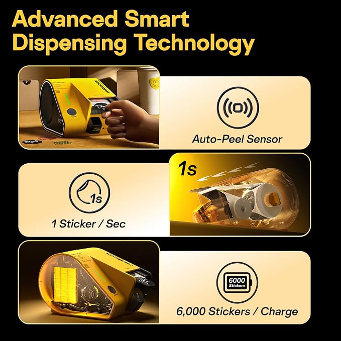 Automatic Sticker Dispenser—Multi-Size, Snap-in Preloaded Sticker Roll Cartridge—for Packaging, Gift Bags, Envelopes, Weddings & Events—Includes 750x1.5 Thank You Stickers (Yellow)