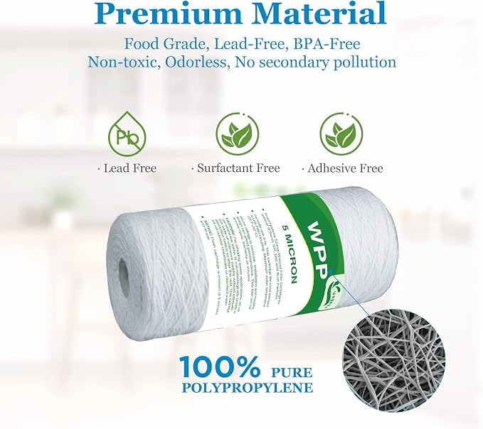 5 Micron Water Filter 10" x 4.5", 10-inch Whole House Heavy Duty String Wound Sediment Pre-Filters for Well Water, Replacement Cartridge for WP5BB97P, RS22, SWC-45-1005, PC10, 355214-45, 4-Pack