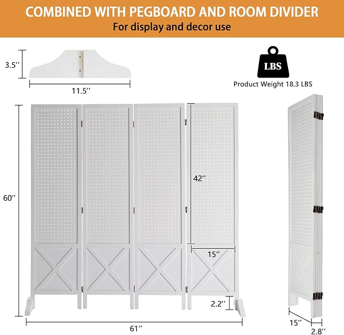 VINGLI Freestanding Pegboard with Support Feet, 5 FT Wood Room Divider Display Board Organizer, Folding Privacy Screen Partition Space Separator for Craft Shows Events Retail (White, 4 Panel)