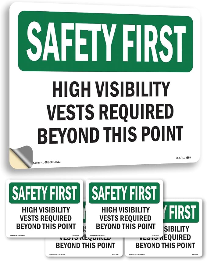 High Visibility Vests Required Beyond This Point OSHA SAFETY FIRST Vinyl Decal Label 5 Inch x 3.5 Inch - 5 Pack