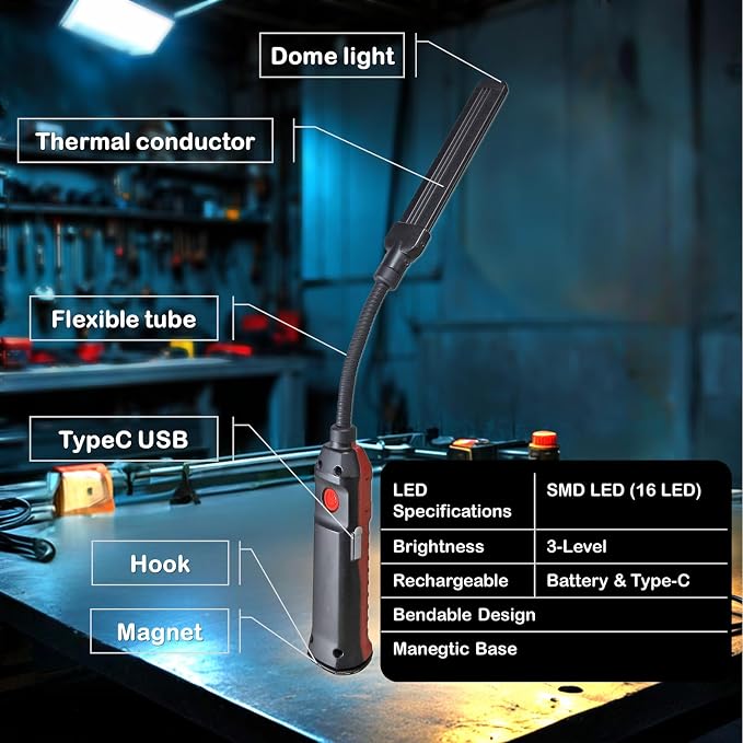SCI Rechargeable LED Work Light, 360° Flexible Gooseneck, IP54 Waterproof, 3 Modes (100-700 Lm) 3350mAh Portable Magnetic Light, Car Repairing/Mechanic/Emergency/Camping (929A), Fathers'/Dads' Gift