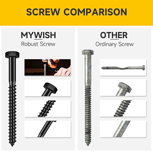 Mywish (25Sets) 1/2" x 6" Lag Bolts, 304 Stainless Steel 1/2 inch Lag Screws Bolts for Wood, Heavy Duty Hex Head with Flat Washers Bolt Kit, Black Oxided
