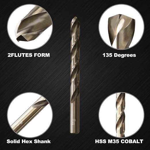 1/2 inch Cobalt Drill Bit for Metal and Hard Steel(2pcs),M35 High Speed Steel Twist Jobber Metal Drill Bits,with Index Storage Case