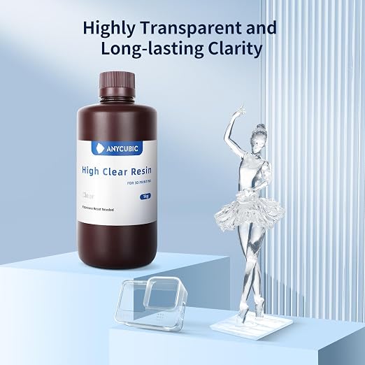 ANYCUBIC High Clear 3D Printer Resin, Resist Yellowing and Highly Transparent, Tough and Resilient, Low Odor 3D Printing Resin, Widely Compatible Resin 3D Printers (High Clear, 2kg)