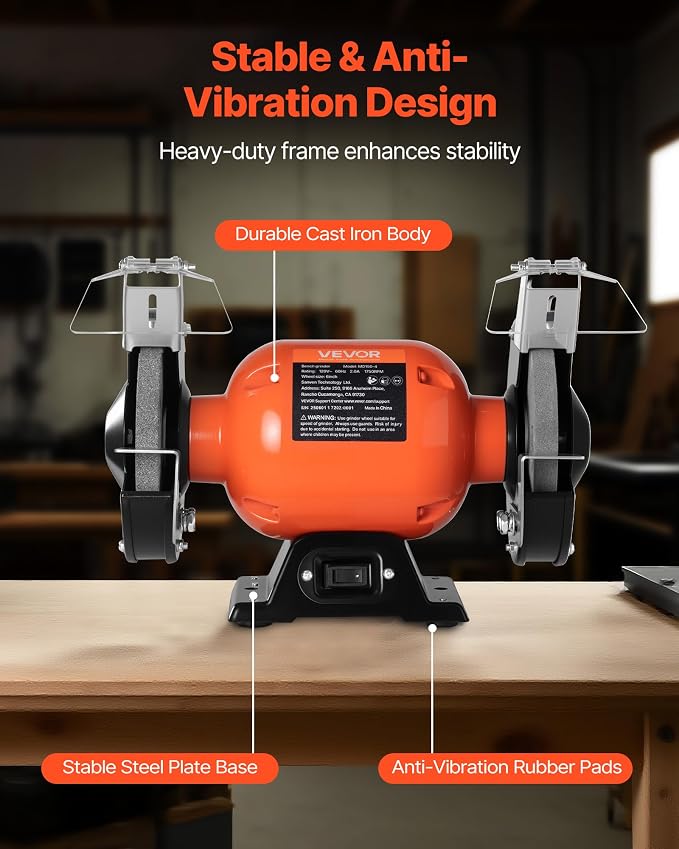 VEVOR Bench Grinder, 6-inch Single Speed Bench Grinder, 1750RPM Low-Speed Table Grinders with 250W 2A Induction Motor, 36/60-Grit Grinding Wheels & Adjustable Tool Rest for Precise Sharpening Grinding