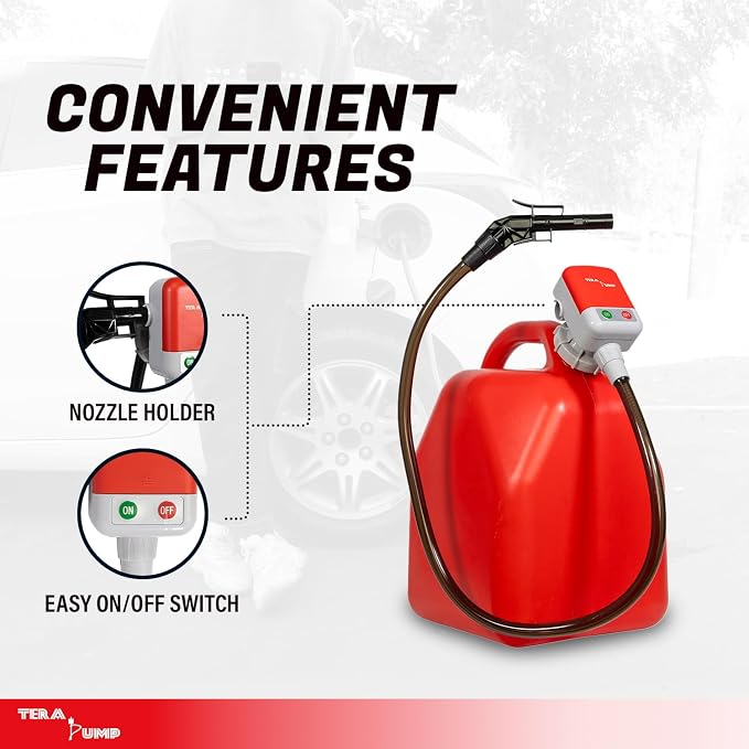 TERA PUMP 5th Gen TRFA01 Fuel Transfer Pump with Overfill Protection | 2.7 GPM, Universal Gas Can Adapter, 39.4 inch Vinyl Hose, For E15, E85, Gas, Diesel