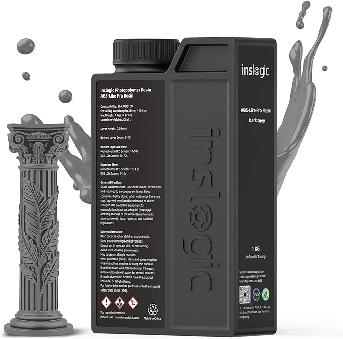 Inslogic ABS-Like Pro Resin 1kg, High Toughness 3D Printer Resin/UV Resin, Fast Curing & Low Odor, Ultra-High Precision Matte Finish for Miniatures, Prototyping & Functional Parts(Dark Grey)
