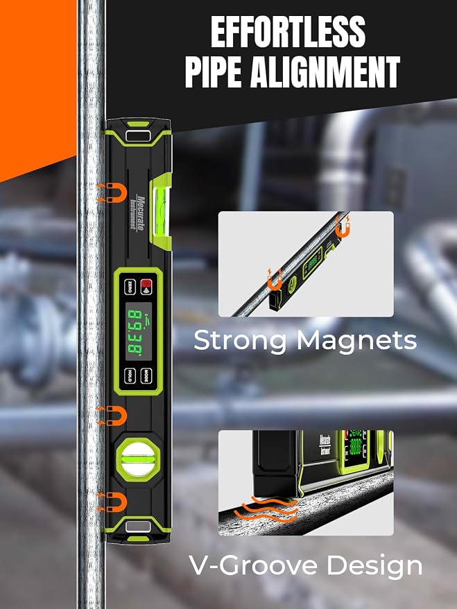 Mecurate 16-Inch Digital Level, Portable Electronic Angle Finder with Backlit Display, ±0.1° Accuracy, Magnetic Base, 4 Measurement Units, Compact Torpedo Smart Level Tool for DIY & Professional Use