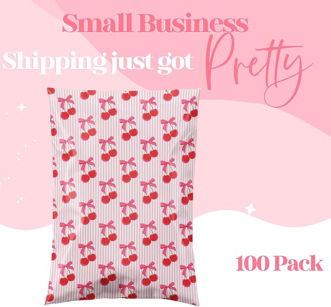 Pretty Package Store 10x13 Designer Poly Mailer 100 Pack Heavy Duty Waterproof Self Seal Shipping Bags for Small Business Large Mailing Envelopes Bulk Tear Resistant Packaging Pink Stripe Cherry Fruit