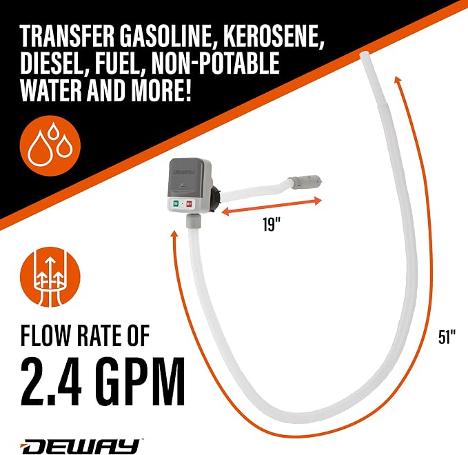 DeWay Fuel Transfer Pump for Gas Can with Basic Clip-On Nozzle | Fast 2.4GPM Flow Rate, Long 51” Tube, Easy 4 AA Battery Power & 3 Fuel Can Adapters for Gasoline, Kerosene, Diesel & Non-Potable Water