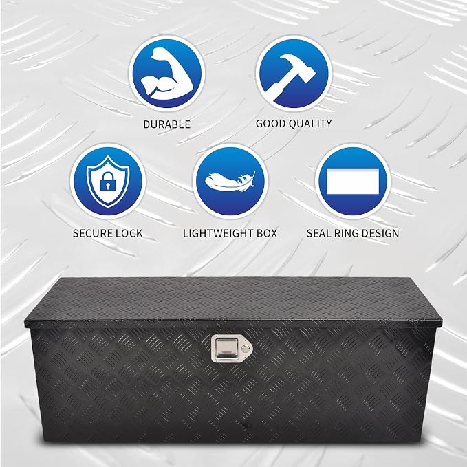 44 Inch Aluminum Truck Bed Tool Box, 5 Bar Tread Truck Tool Box with Lock&Keys, Heavy Duty Waterproof Flatbed tool box for Vans, Trailers, RVS，Trucks, Black(44"x15"x15")