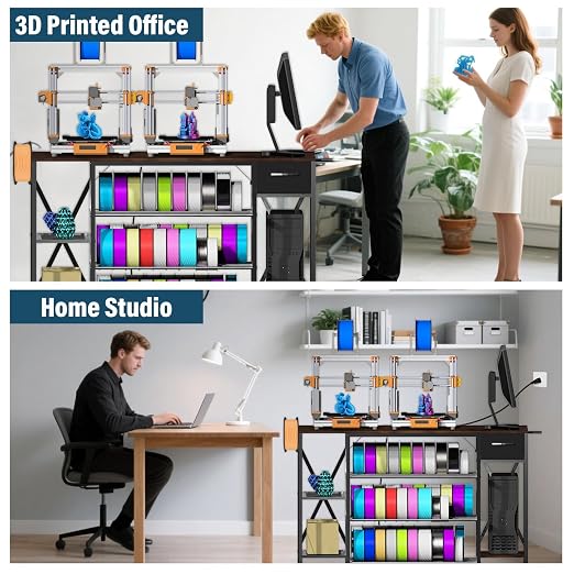Upgrade Heavy Duty 3D Printer Table with Storage, Large 4-Tier 3D Printer Stand with Power Outlet & Drawer, Sturdy Wooden Desk & Metal Filament Rack for Workshop, Home Office(Brown)