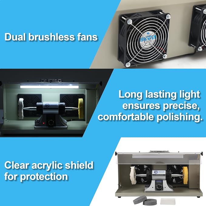 Jewelry Polisher - Adjustable Variable Speed Bench Buffer Polishing & Buffing Machine, Dental Buffer & Lathe - With Dust Collector Hood, Working Light & Filter for Jewelry, Silver and Metal Polishing