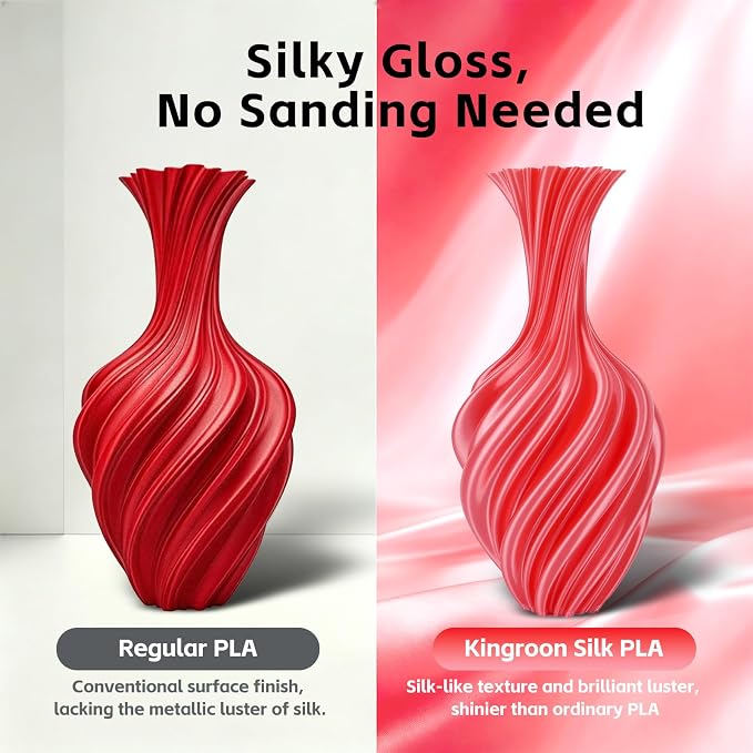 Kingroon Silk PLA 3D Printer Filament, Dimensional Accuracy +/- 0.03 mm, 1 kg Spool(2.2lbs), PLA Shiny Filament 1.75 mm (Red)