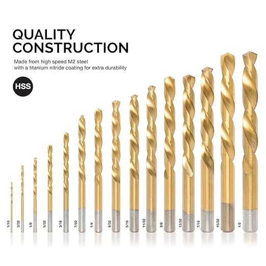 NEIKO 10037A Left-Hand Drill-Bit Set, High-Speed Steel Drills with Titanium Nitride Coating, Reverse-Twist Drill Bits, SAE Sizes, 15-Piece Set