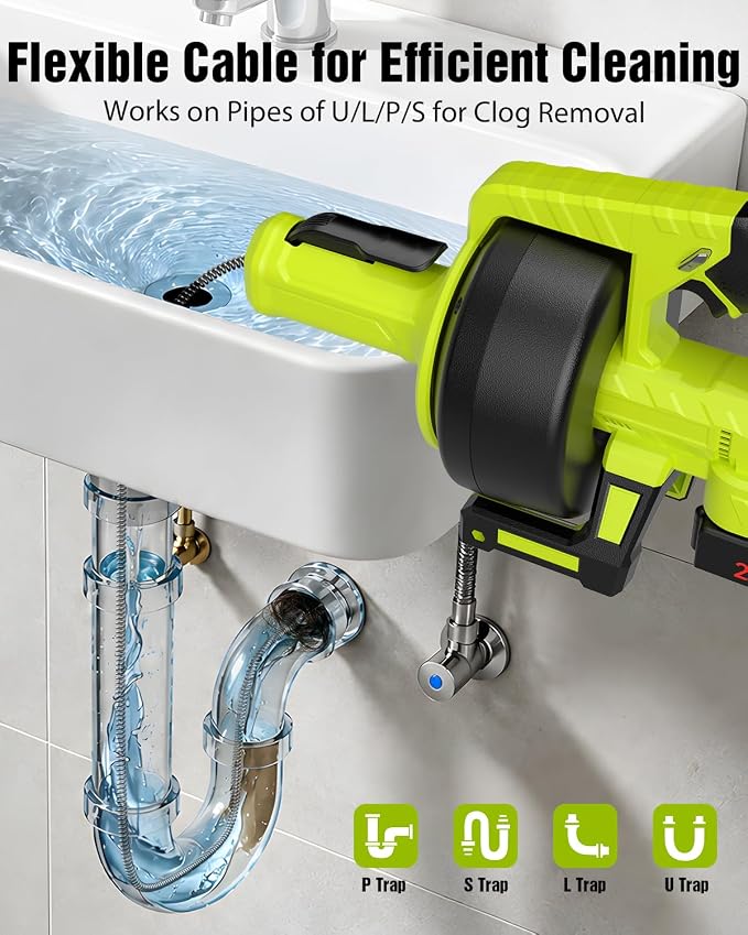 Ublue 21V Cordless Electric Drain Auger, 25Ft Auto Feed Drain Snake for Clog Remover with 2.0Ah Battery, Plumbing Snake for Sink Toilet Bathroom Shower Pipes 3/4"-2.95", Included Bag Gloves Rag