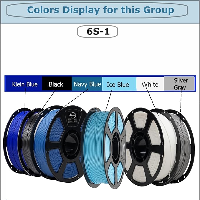 PLA Plus1.75mm 6KG Bundles Blue Series PLA+ 3D Printer Filament | 6 x 1kg Bundles: Royal Blue+Black+Navyblue+Iceblue+White+Silvergray ;neatly wound,tangle-free for most FDM printers