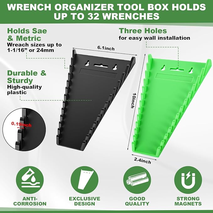 Blulu 8 Pcs Magnetic Socket Organizer & Magnetic Wrench Organizer Set 1/4", 3/8", 1/2" Socket Holder, 24-slot Drawer Storage Rack Tool Tray SAE (1/4" to 1-1/16"), Metric (6mm to 24mm) Black Green