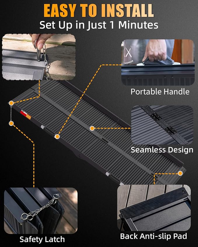 VNN Portable Wheelchair Ramp 7FT, Black Seamless Non-Slip Aluminum Ramps for Wheelchairs for Home, Handicap Wheelchair Ramps for Home Steps, Aluminum Loading Dock Plates