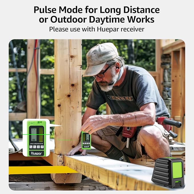 Laser Level Self Leveling, Huepar Box-1G 150Ft Green Cross Line Laser for Picture Hanging, Tile, Decoration & DIY Construction – 360° Magnetic Base & AA Battery, Outdoor Use Pulse Mode with Receiver