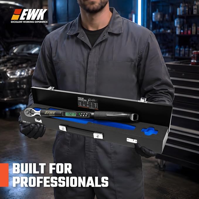 EWK 3/8 Inch Drive Digital Torque Wrench 5-100 ft-lbs (6.8-135 Nm) | IS0 6789, ±1.5% clockwise / ±2.5% counterclockwise, LCD Display, LED Buzzer Vibration Alert, 30 Memory Values