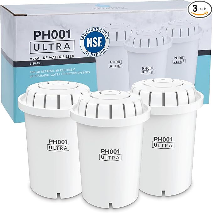 Invigorated Water PH001 Ultra NSF Certified Alkaline Water Filter Replacement for Pitchers & Dispensers, BPA-Free, Reduces Chlorine, Copper & Heavy Metals, Raises pH, 96 Gallons/Filter (3-Pack, White)