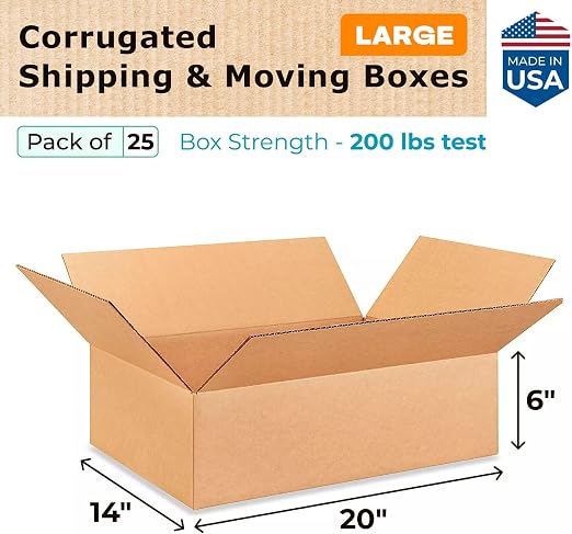 Large Shipping & Moving Boxes 20"L x 14"W x 6"H (25-Pack) - Extra Strength 200 lb vs Regular - USA-Made Corrugated Moving Boxes Large for Delivering - Heavy Duty Moving & Packing Box by IDL Packaging