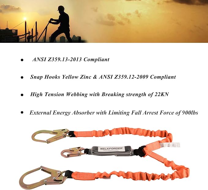 Double Leg 6-Foot Safety Lanyard for Consturction Shock Absorber Stretchable Lanyard with Snap & Rebar Hook Connectors ANSI Z359.13-2013 Complaint