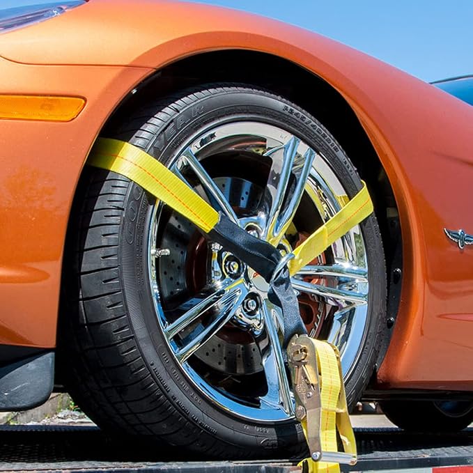 VULCAN Car Tie Down - Twisted Snap Hooks - Lasso Style - 2 Inch x 96 Inch - 4 Pack - Classic Yellow - 3,300 Pound Safe Working Load